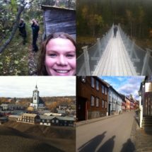 Røros med familien. Hængebro over en elv på vejen hjem til Trondheim. 
